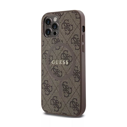 Guess 4G Collection Leather Metal Logo MagSafe – dėklas, skirtas iPhone 12 / iPhone 12 Pro (ruda)