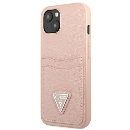 Guess Saffiano Double Card Triangle – dangtis, skirtas iPhone 13 mini (rožinis)