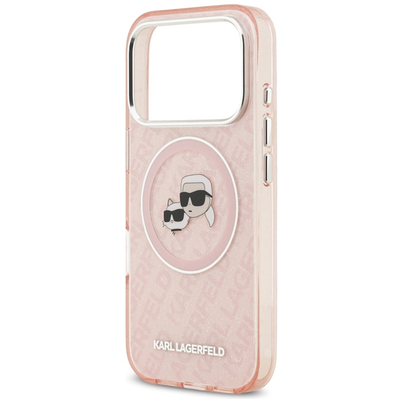 Karl Lagerfeld IML blizgučiai su Karl & Choupette galvų logotipu, MagSafe dėklas iPhone 17 Pro (rožinis)
