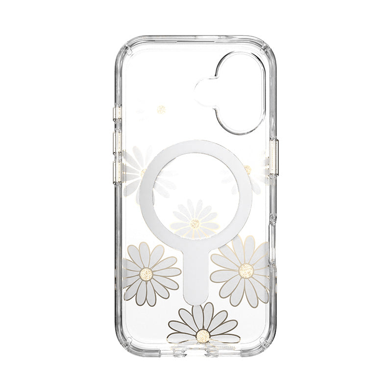 Speck Presidio Lux ClickLock & MagSafe – dėklas „iPhone 16“ (Sunshine Daisies / skaidrus / auksinis)