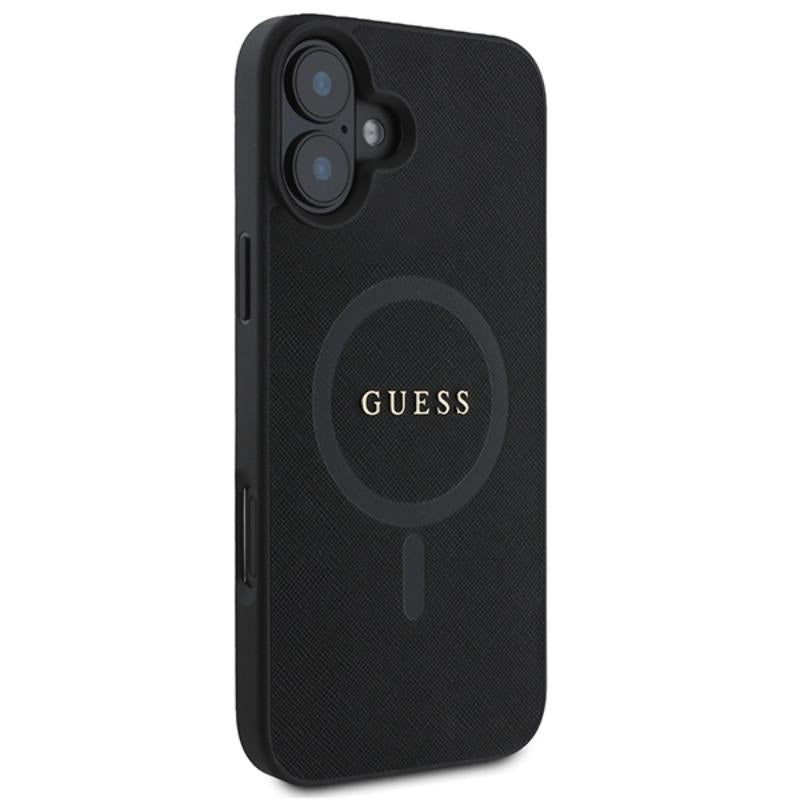 Guess Saffiano Classic Logo MagSafe – „iPhone 16 Plus“ dėklas (juodas)
