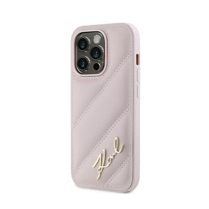 Karl Lagerfeld „Diagonal Quilted Script“ – dėklas, skirtas „iPhone 14 Pro Max“ (rožinė)