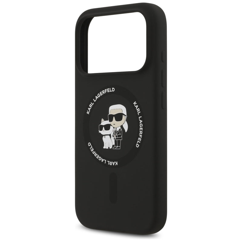 Silikoninis dėklas iPhone 17 Pro su Karl & Choupette žiedu MagSafe (juodas) - Karl Lagerfeld
