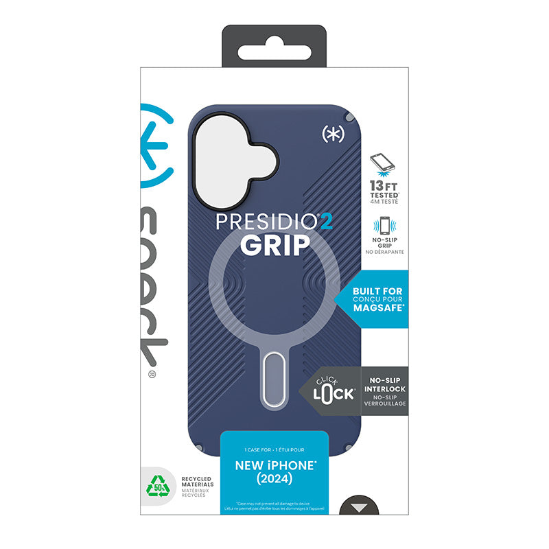 Speck Presidio2 Grip ClickLock & MagSafe – dėklas skirtas iPhone 16 (Coastal Blue / Dust Grey / White)
