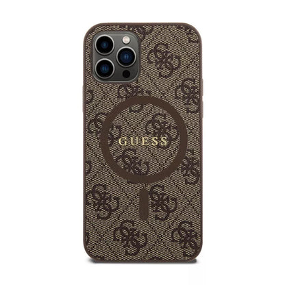 Guess 4G Collection Leather Metal Logo MagSafe – dėklas, skirtas iPhone 12 / iPhone 12 Pro (ruda)