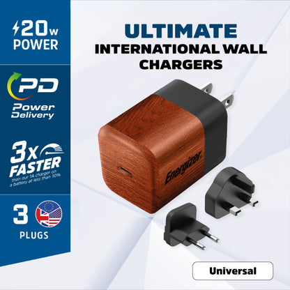 Energizer Ultimate – Daugiašakotis EU / UK / US GaN 20W PD tinklo įkroviklis (Graikinis riešutas)