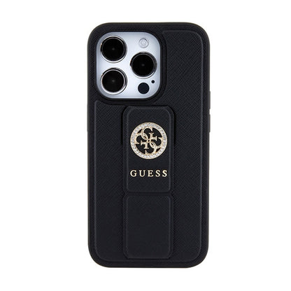 Guess Grip Stand 4G Saffiano Strass Logo – iPhone 15 Pro Max dėklas (juodas)