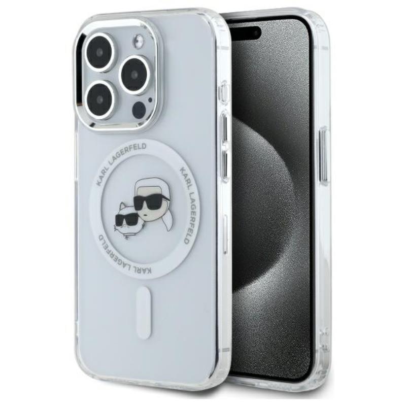 Karl Lagerfeld IML Metal Karl & Choupette Head MagSafe – dėklas, skirtas iPhone 15 Pro Max (baltas)