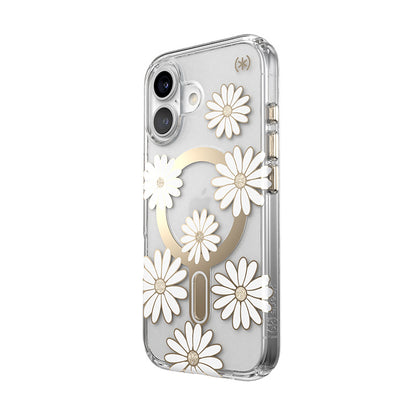Speck Presidio Lux ClickLock & MagSafe – dėklas „iPhone 16“ (Sunshine Daisies / skaidrus / auksinis)