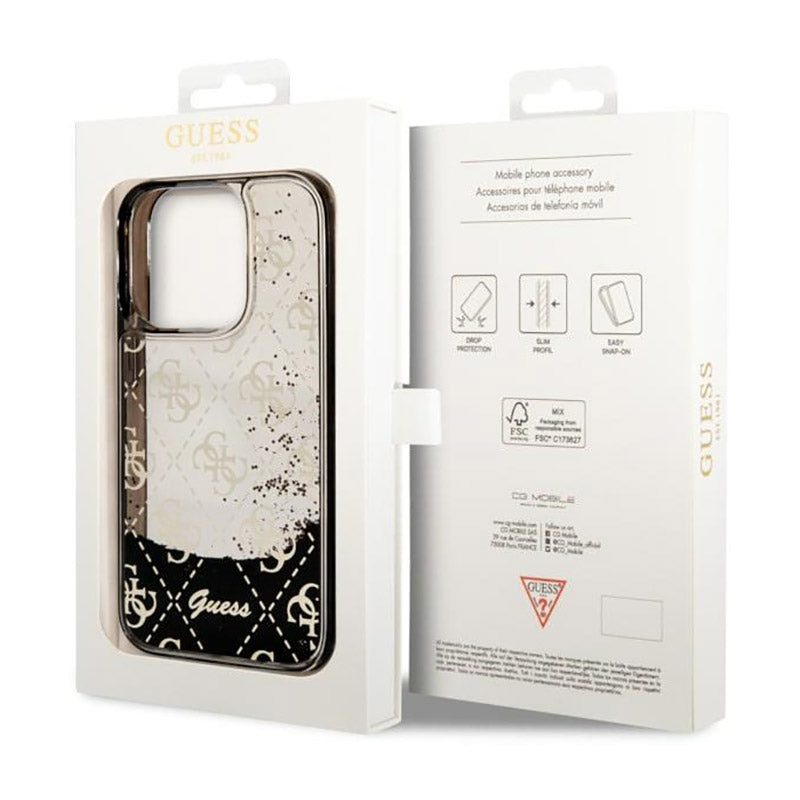 Guess Liquid Glitter skaidrus 4G – dėklas, skirtas „iPhone 14 Pro“ (juodas)