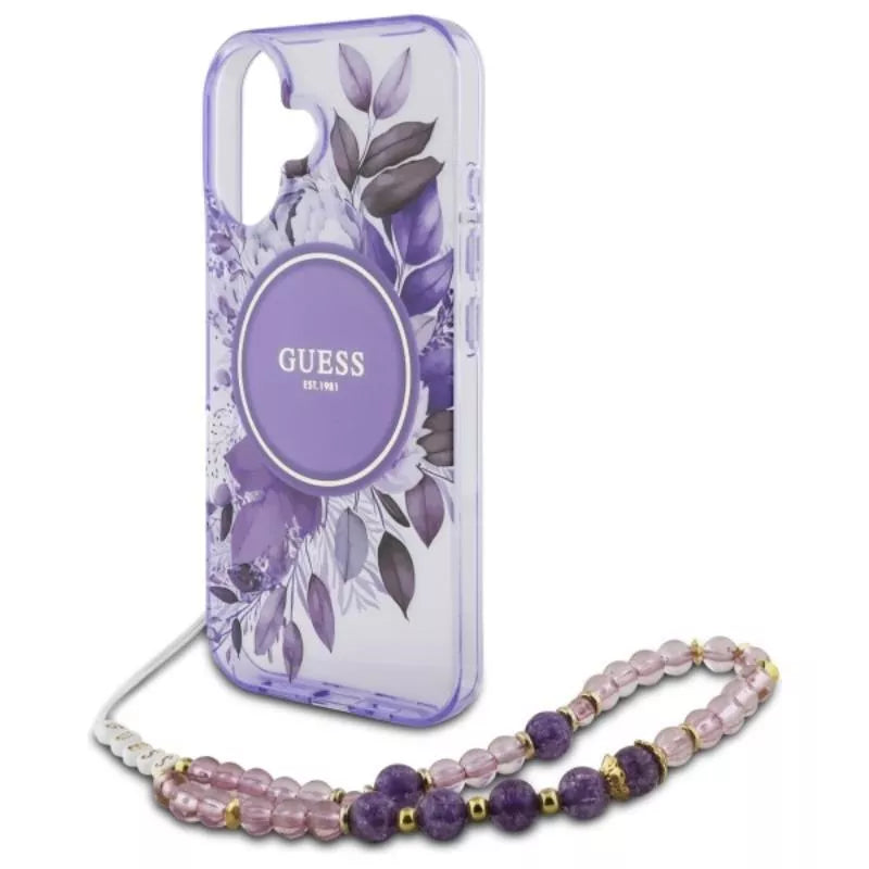 Guess IML Gėlės su perline apyranke MagSafe - Dėklas iPhone 16 (Violetinis)