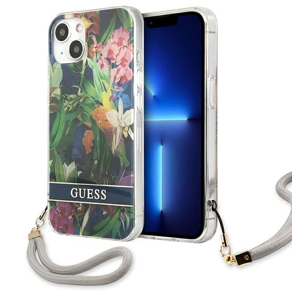 Guess Flower Cord - „iPhone 13“ dėklas su virvele (mėlyna)