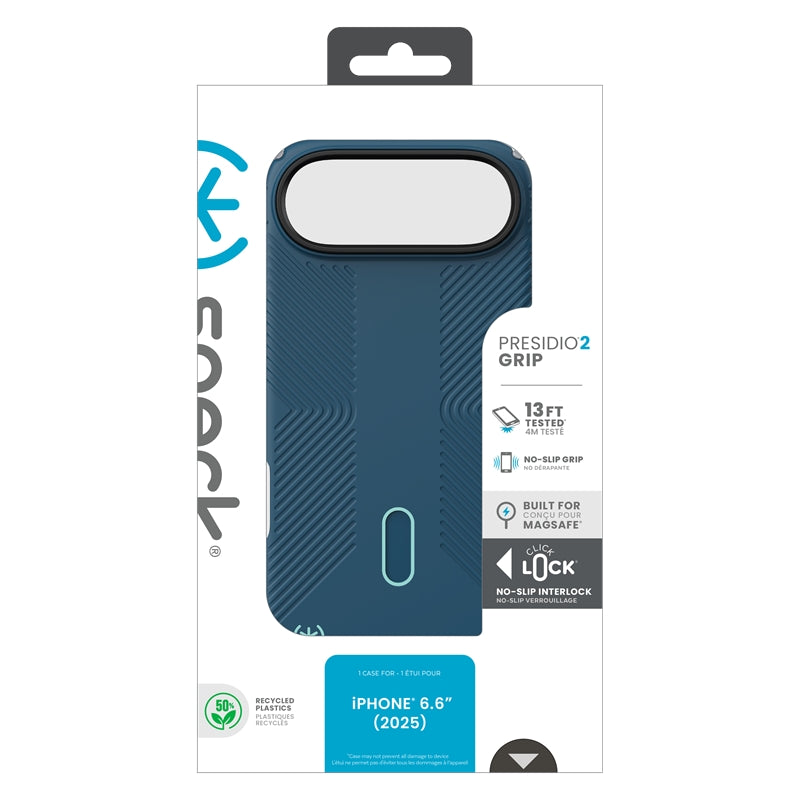Speck Presidio2 Grip ClickLock & MagSafe - iPhone Air dėklas (Deep Sea / Silver Metallic / Spell Blue)