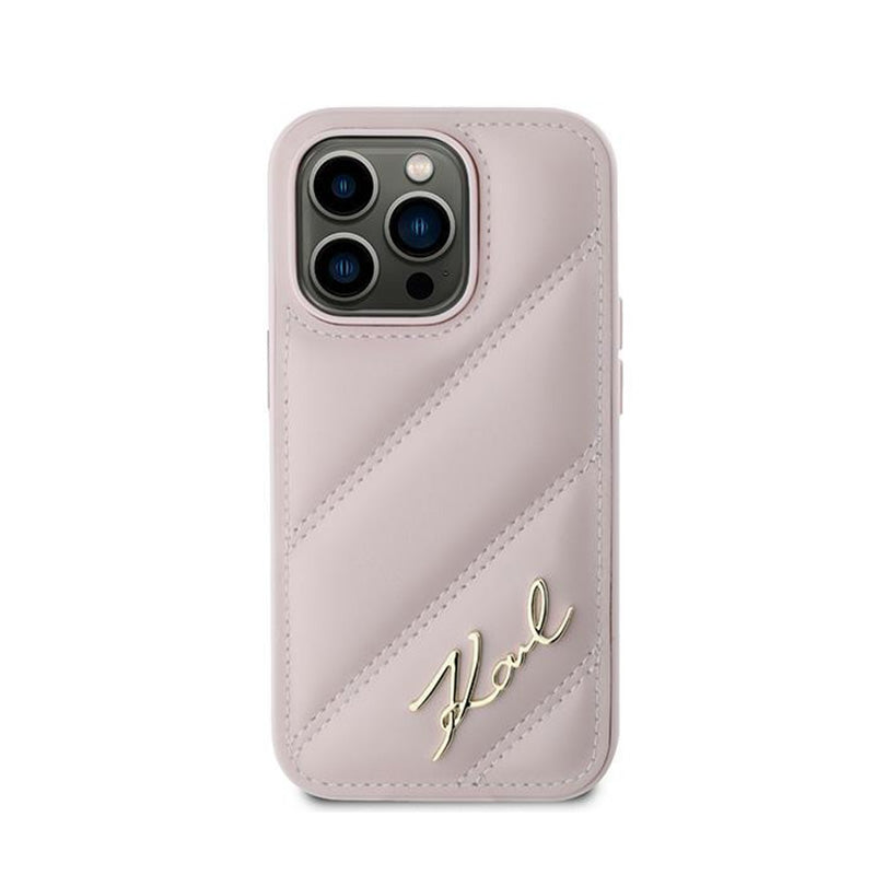 Karl Lagerfeld „Diagonal Quilted Script“ – dėklas, skirtas „iPhone 14 Pro Max“ (rožinė)