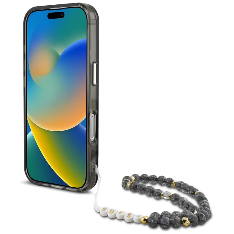 Guess Palm Trees Triangle Pearl Strap MagSafe – Dėklas iPhone 16 Pro Max (juodas)