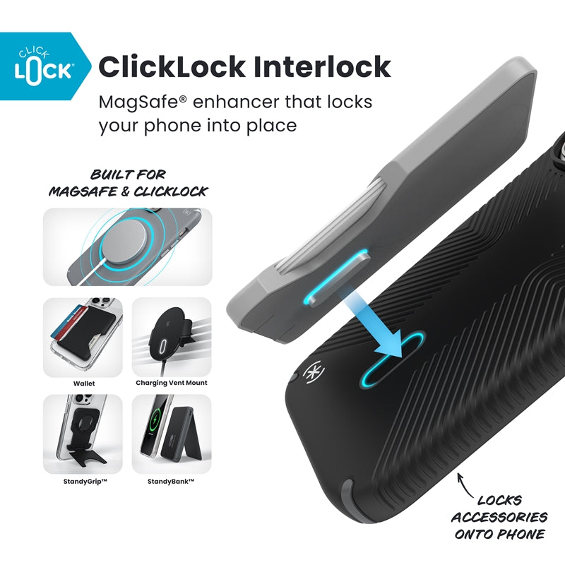 Speck Presidio2 Grip ClickLock ir MagSafe – dėklas iPhone 17 Pro (juodos / plokščių pilkos / baltos spalvos)