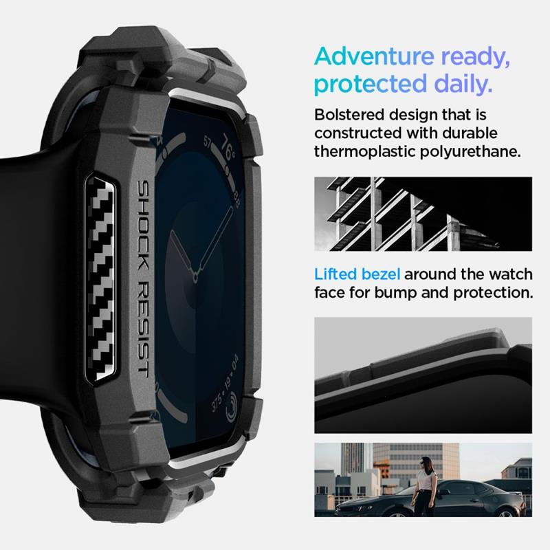Spigen Rugged Armor – dėklas, skirtas „Apple Watch 10 42 mm“ (matinė juoda)