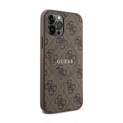 Guess 4G Collection Leather Metal Logo MagSafe – dėklas, skirtas iPhone 12 / iPhone 12 Pro (ruda)