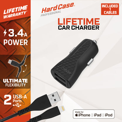 Energizer HardCase - Automobilinis įkroviklis 2x USB-A 17W 3.4A + MFi sertifikuotas Lightning laidas (juodas)
