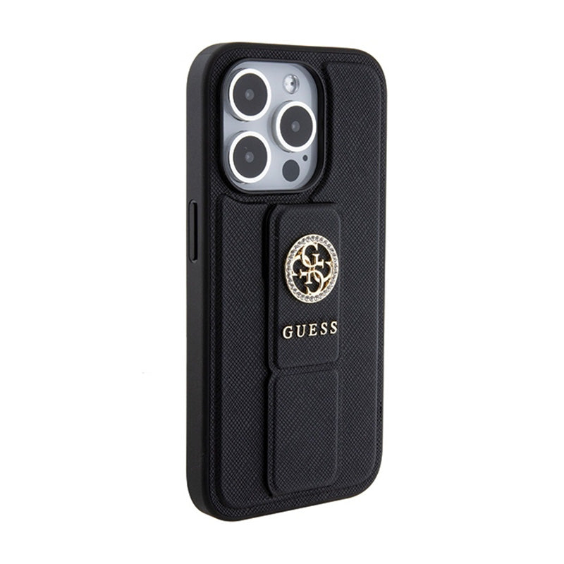 Guess Grip Stand 4G Saffiano Strass Logo – iPhone 15 Pro Max dėklas (juodas)