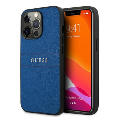 Guess Saffiano Metal Logo Stripes – Dėklas iPhone 13 Pro (mėlynas)