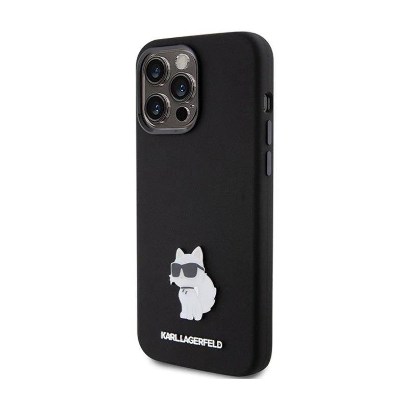 Karl Lagerfeld Silicone Choupette Metal Pin – dėklas skirtas iPhone 15 Pro (juodas)