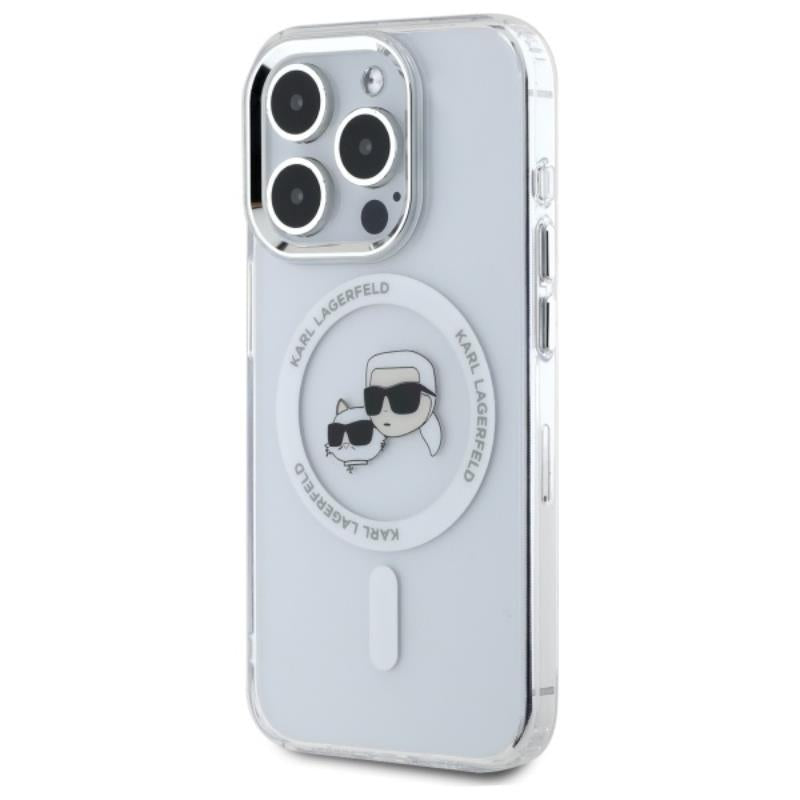 Karl Lagerfeld IML Metal Karl & Choupette Head MagSafe – dėklas, skirtas iPhone 15 Pro Max (baltas)