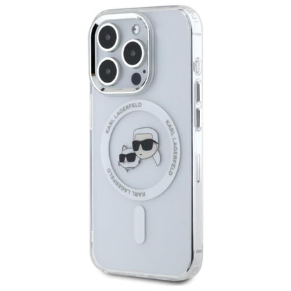 Karl Lagerfeld IML Metal Karl & Choupette Head MagSafe – dėklas, skirtas iPhone 15 Pro Max (baltas)