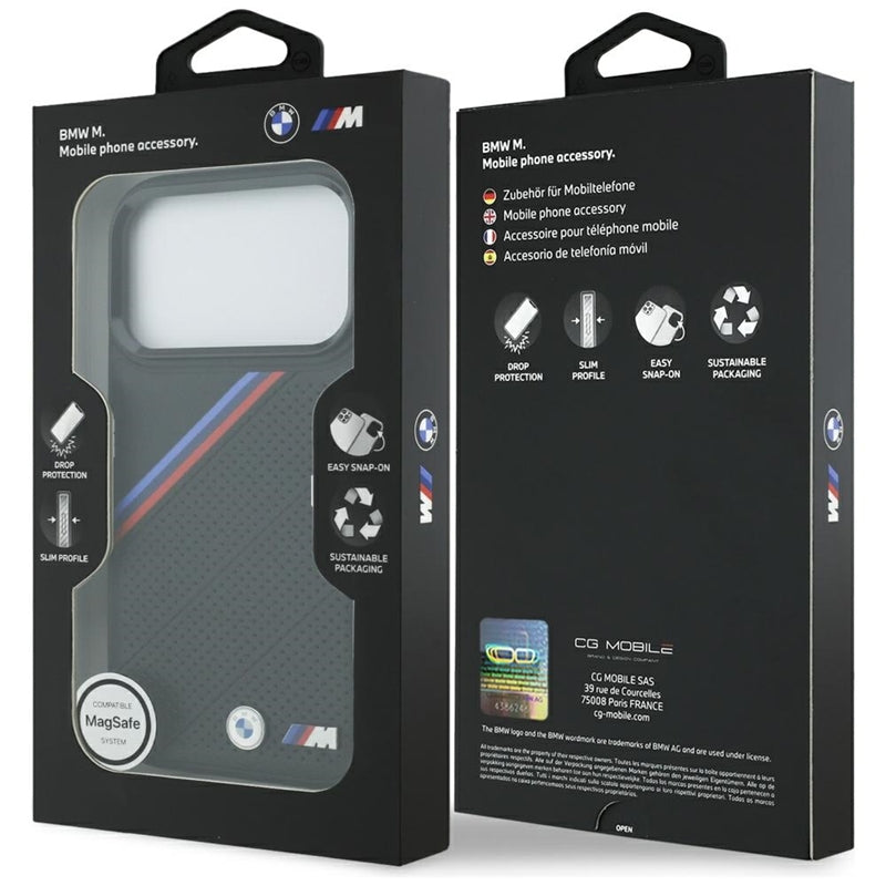 BMW M Tricolor Metal Logo MagSafe dėklas – iPhone 17 Pro (Juodas)