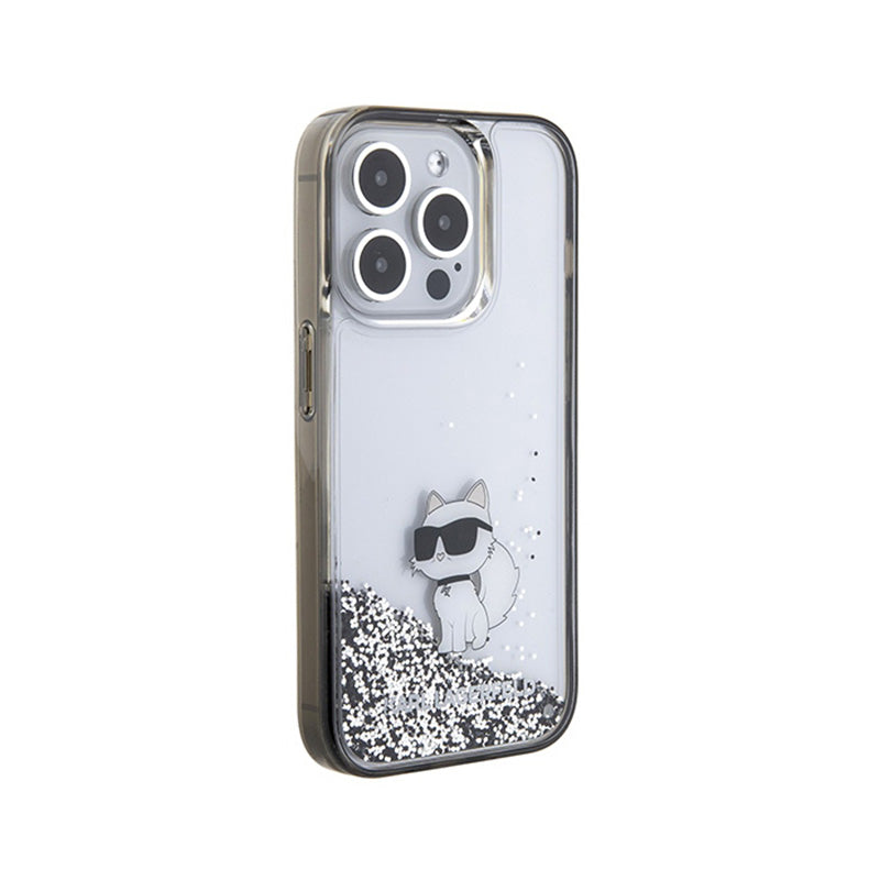 Karl Lagerfeld Liquid Glitter Choupette – iPhone 15 Pro dėklas (skaidrus)