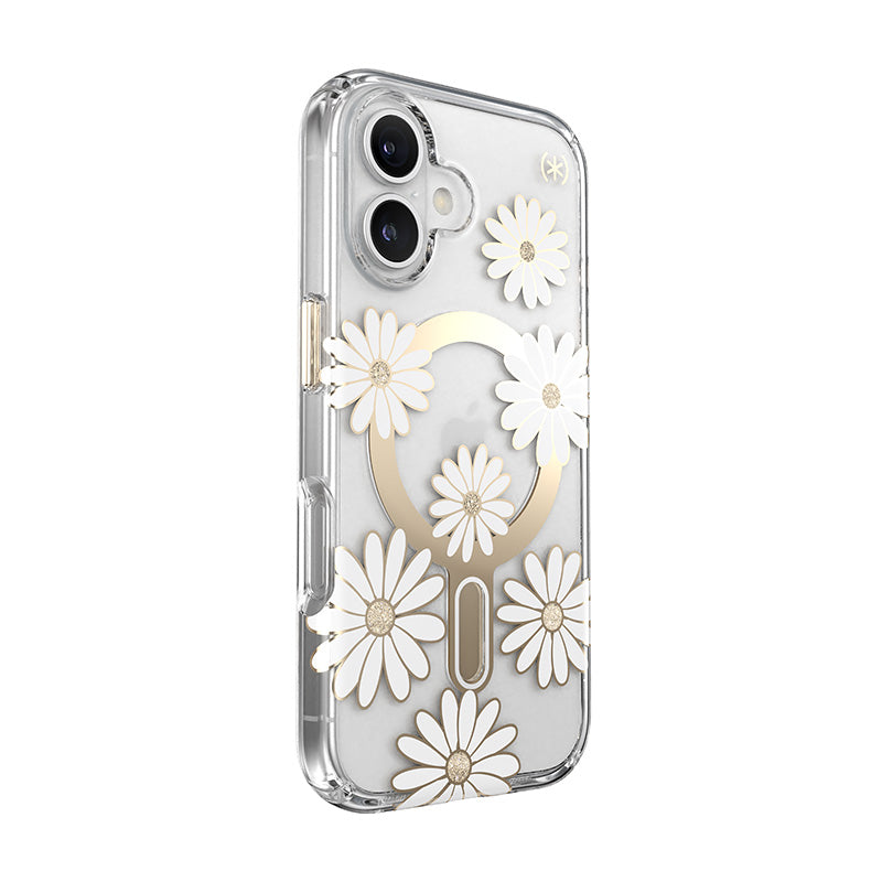 Speck Presidio Lux ClickLock & MagSafe – dėklas „iPhone 16“ (Sunshine Daisies / skaidrus / auksinis)
