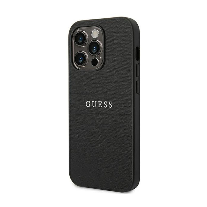 Guess Saffiano Metal Logo Stripes – dėklas skirtas iPhone 14 Pro (juodas)