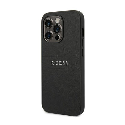 Guess Saffiano Metal Logo Stripes – dėklas skirtas iPhone 14 Pro (juodas)