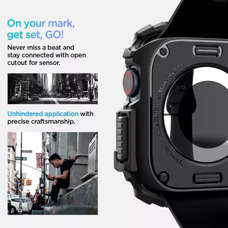 Spigen Rugged Armor – dėklas, skirtas „Apple Watch 10 42 mm“ (matinė juoda)