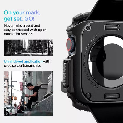 Spigen Rugged Armor – dėklas, skirtas „Apple Watch 10 42 mm“ (matinė juoda)
