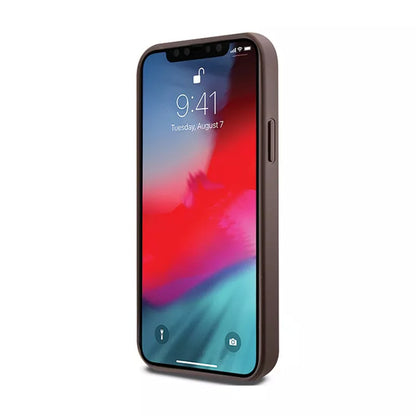 Guess 4G Collection Leather Metal Logo MagSafe – dėklas, skirtas iPhone 12 / iPhone 12 Pro (ruda)