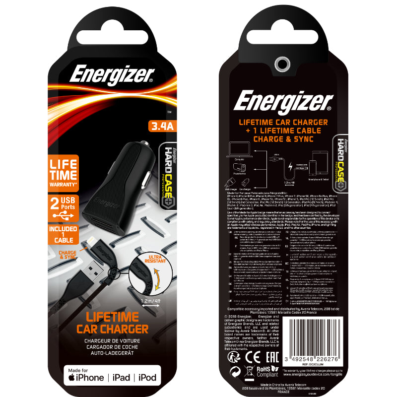 Energizer HardCase - Automobilinis įkroviklis 2x USB-A 17W 3.4A + MFi sertifikuotas Lightning laidas (juodas)