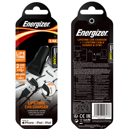 Energizer HardCase - Automobilinis įkroviklis 2x USB-A 17W 3.4A + MFi sertifikuotas Lightning laidas (juodas)