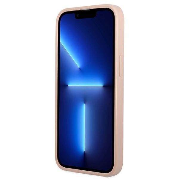 Guess Saffiano Double Card Triangle – dangtis, skirtas iPhone 13 mini (rožinis)