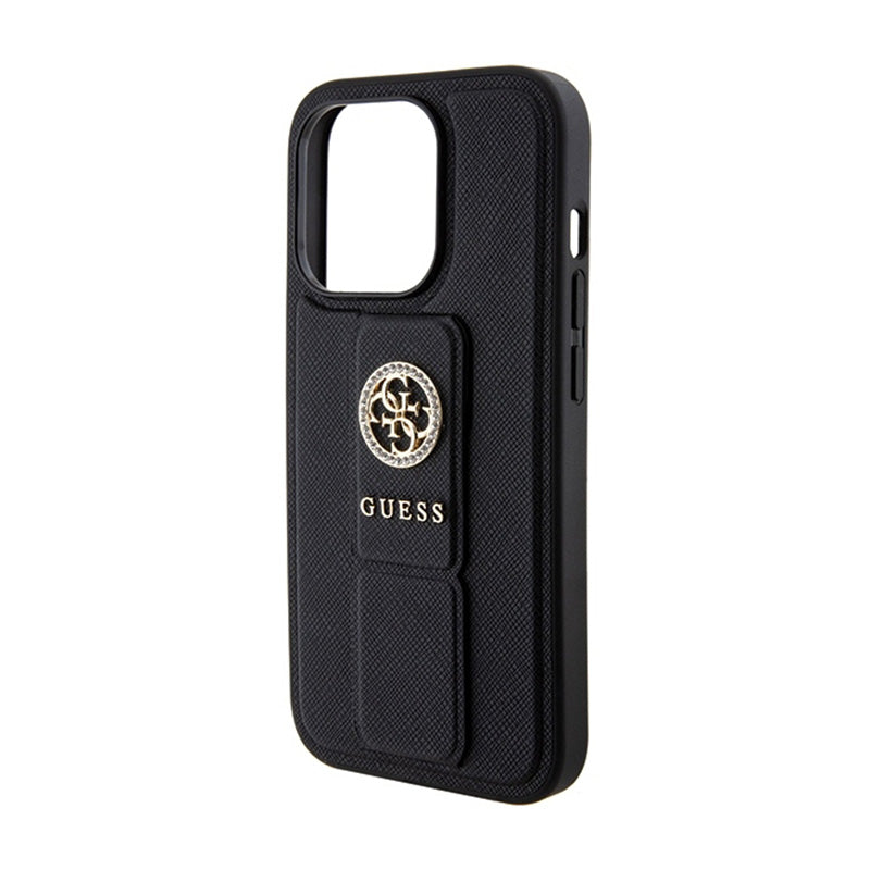 Guess Grip Stand 4G Saffiano Strass Logo – iPhone 15 Pro Max dėklas (juodas)