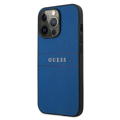 Guess Saffiano Metal Logo Stripes – Dėklas iPhone 13 Pro (mėlynas)
