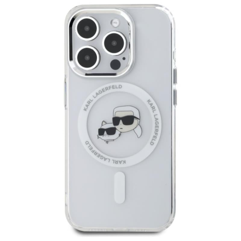 Karl Lagerfeld IML Metal Karl & Choupette Head MagSafe – dėklas, skirtas iPhone 15 Pro Max (baltas)