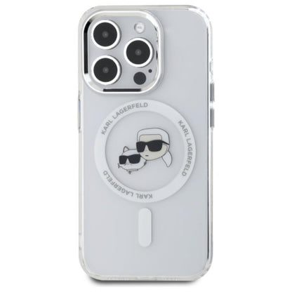 Karl Lagerfeld IML Metal Karl & Choupette Head MagSafe – dėklas, skirtas iPhone 15 Pro Max (baltas)