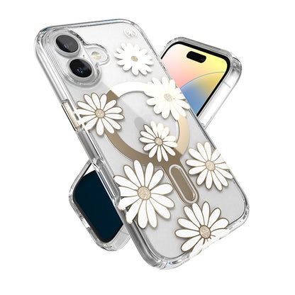 Speck Presidio Lux ClickLock & MagSafe – dėklas „iPhone 16“ (Sunshine Daisies / skaidrus / auksinis)