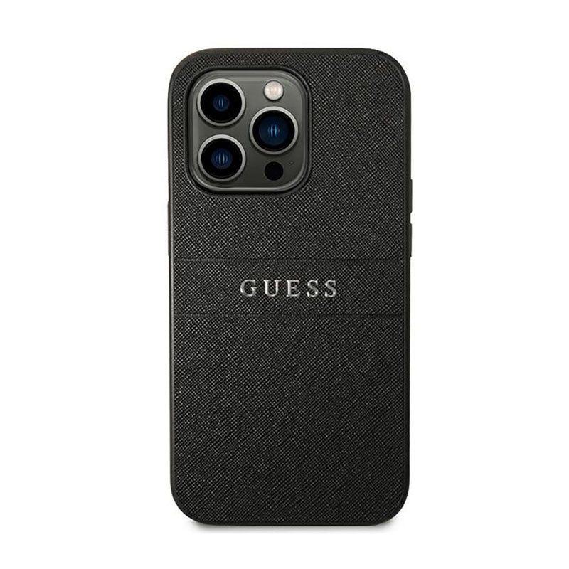 Guess Saffiano Metal Logo Stripes – dėklas skirtas iPhone 14 Pro (juodas)