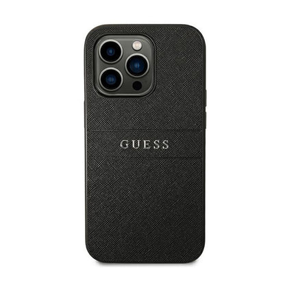 Guess Saffiano Metal Logo Stripes – dėklas skirtas iPhone 14 Pro (juodas)