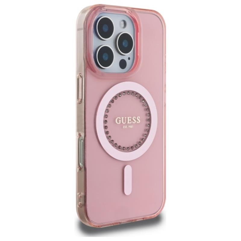 Guess IML Rhinestones MagSafe – dėklas iPhone 16 Pro Max (rožinė)