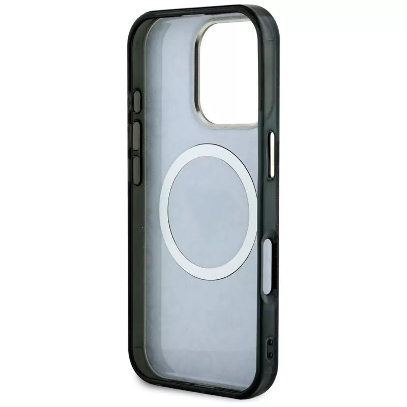 Guess IML Metal Glitter 4G Circle Triangle MagSafe – dėklas, skirtas iPhone 16 Pro Max (juodas)