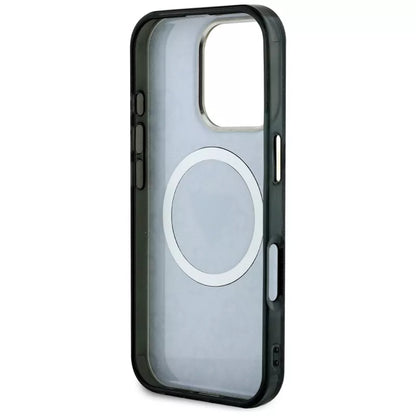 Guess IML Metal Glitter 4G Circle Triangle MagSafe – dėklas, skirtas iPhone 16 Pro Max (juodas)