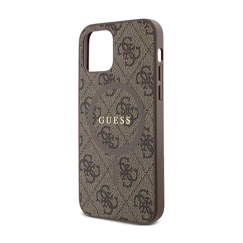 Guess 4G Collection Leather Metal Logo MagSafe – dėklas, skirtas iPhone 12 / iPhone 12 Pro (ruda)